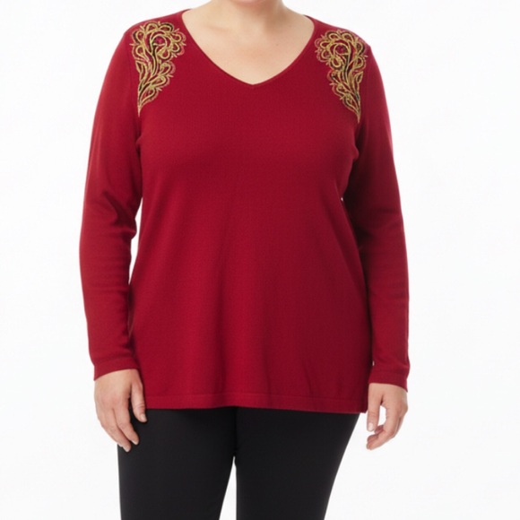 BOB MACKIE 1X Burgundy Red Sweater Art-to-Wear Embroidered Jeweled Shoulder Top - Picture 7 of 9